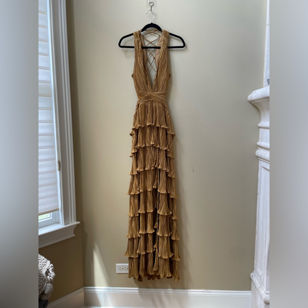 Lulu’s Gold Satin Formal Tiered Lace Up Maxi Dress - Picture 5 of 15